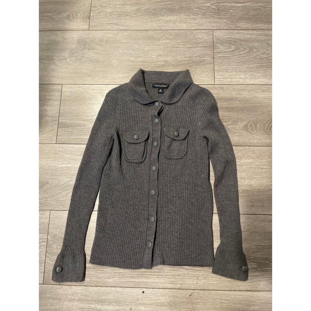 Banana Republic Extra Fine Merino Wool Ribbed Cardigan Gray Peter Pan Collar S